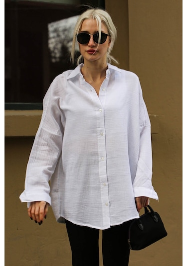 Madmext Beyaz Muslin Kumaş Basic Kadın Gömlek Mg1660-beyaz Beyaz