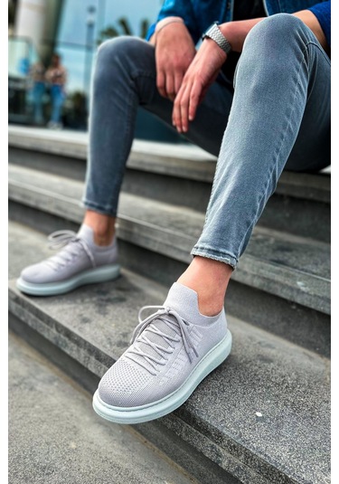 Pabucmarketi Bağcık Detaylı Triko Kumaş Erkek Spor Ayakkabı Gri Çok Renkli