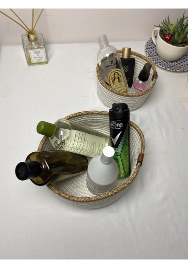 Beyaz Jüt 2li Yuvarlak Sepet Beyaz