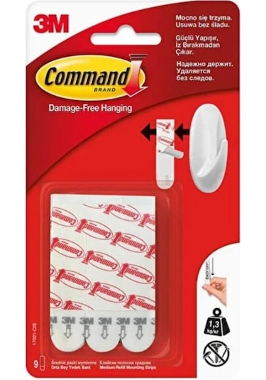 3m Command 17021p-cee Orta Boy Yedek Bant, Max 1,3 Kg 9 Orta Boy Cırt Bant
