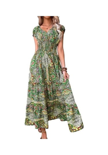 Novahub Yaz Derin V Yaka Kısa Kollu Maxi Elbise Bohemia Renkli Baskı Elastik Yüksek Bel Fırfır Dikiş Hem A-line Plaj Elbisesi Haki - M Haki