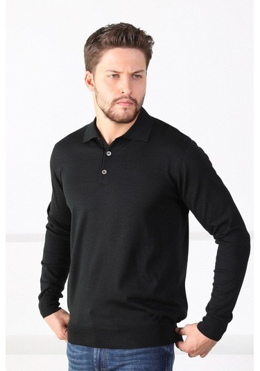 Ferraro Siyah Polo Yaka Superfine Erkek Triko Kazak Siyah