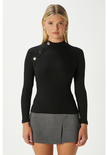 Kadın Gloria Gold Düğmeli Uzun Kollu Siyah Fitilli Pamuk Bluz Siyah