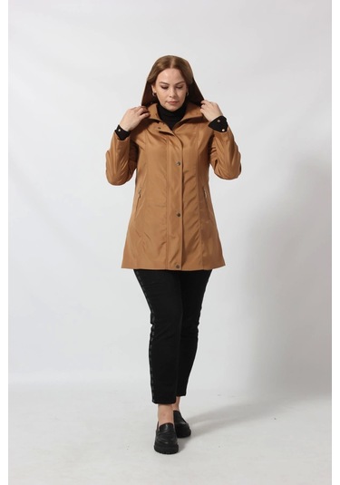 1616 Fermuarlı Cep Detaylı Kapuşonlu Bondit Ceket Camel