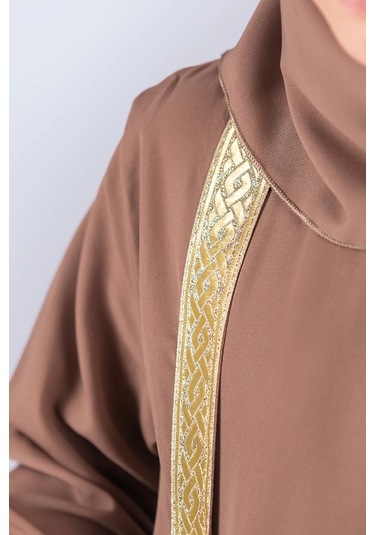 Eşarplı Ferace Medine İpek Kumaş Kız Çocuk Kahverengi