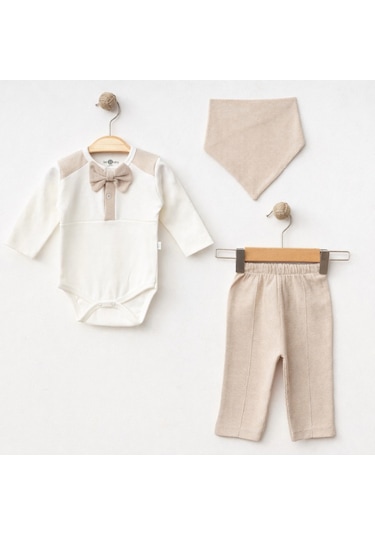 Işıl Baby Papyonlu 3'lü Erkek Bebek Body Takım Bej