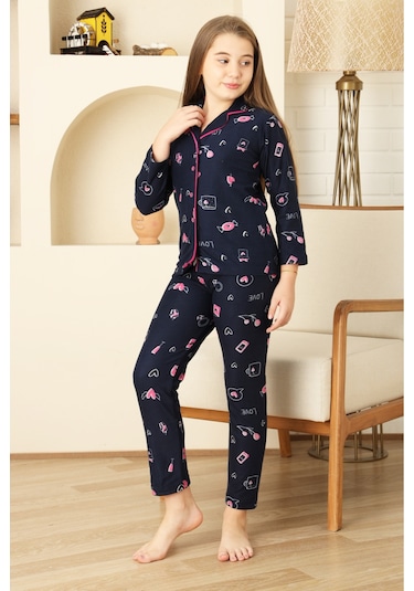 Kız Çocuk Pat Yakalı-baskılı Ve Düğme Kapamalı-%100 Pamuk Pijama Takımı 12352 Lacıvert