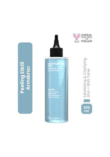 Cosmogenesis Labs AHA %5 BHA %2 Peeling Etkili Tonik 200 ml – Arındırıcı Gözenek Sıkılaştırıcı pH Dengeleyici Vegan