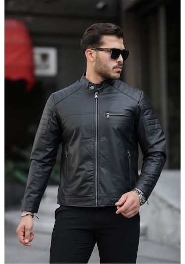 Erkek Yeni Sezon Siyah Dar Kesim Deri Ceket & Mont Siyah