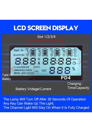 Honeybeeshop Powerkan Pd4 Akıllı Pil Şarj Cihazı 4 Kanal Li İon Nimh Ni Cd Şarj Usb Lcd Ekran