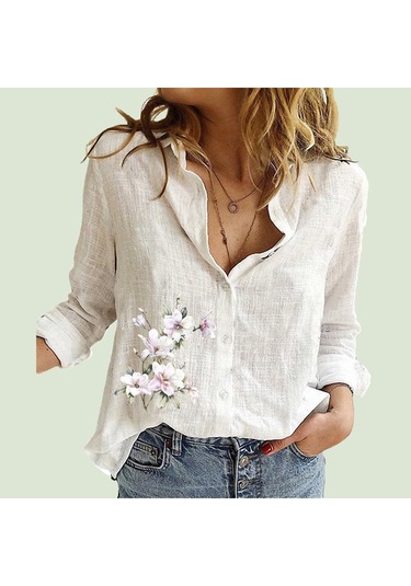 Beyaz Kadın Moda Yaka Boyun Gömlek İlkbahar Ve Sonbahar Pamuk Keten Üst Rahat Baskı Hırka Bluzlar 4xl Beyaz