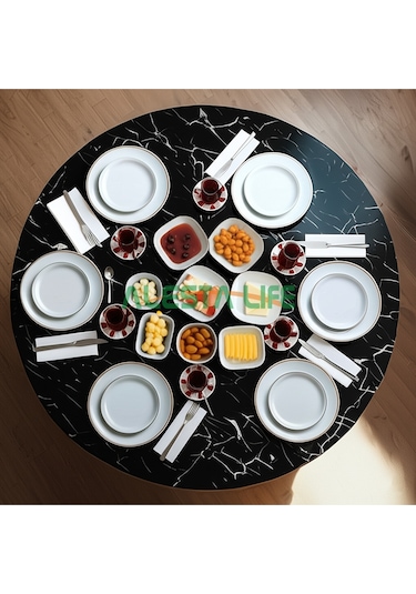 100 Cm Çap - Siyah Desenli Katlanabilir Yer Sofrası - Oyun Masası - 21 Cm Yükseklik Siyah Mermer Desenli