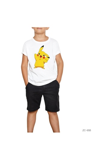Pokemon Pikachu Beyaz Çocuk Tişört Siyah