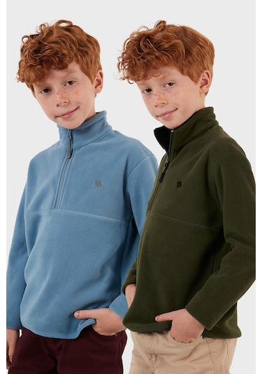 Lela Yumuşak Dokulu Fermuarlı Dik Yaka Şardonlu 2'Li Paket Çocuk Polar 5905002S2 Haki-Mavi