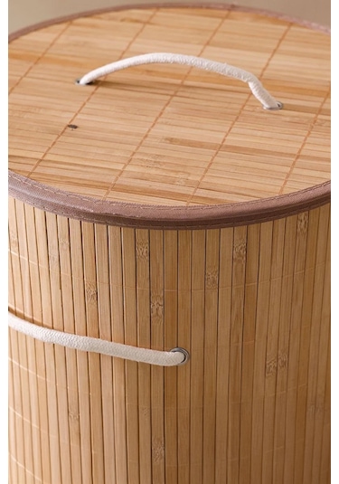 İronika Bambu Kirli Çamaşır Sepeti Halatlı Bambu Çamaşır Oyuncak Sepeti Yuvarlak Açık Kahverengi