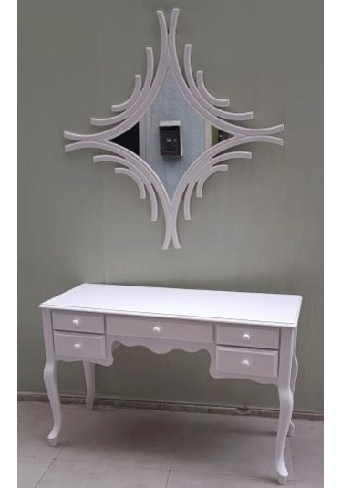 Dresuar Makyaj Masa 5 Çekmece Cnc Ayna Kayın Aslan Ayak Parlak Beyaz Lake El Yapımı Beyaz