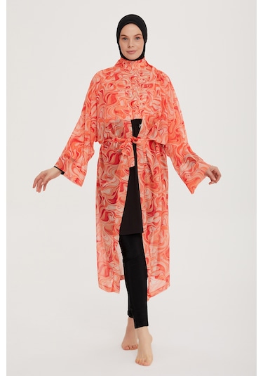 Remsa Mayo Remsa Tesettür Mayo Üzerine Tek Kaftan Kimono Pareo Rp007 Melis Turuncu