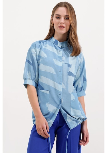 20226 Desenli Oversize Gömlek - Mavi 20226bgd19-008-14532 001