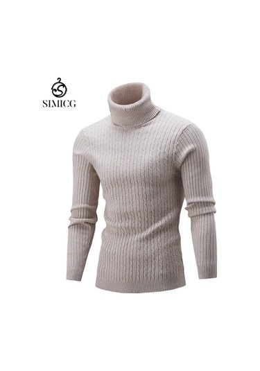 Sonbahar Ve Kış Aylarında Rahat, Düz Renk Erkek Balıkçı Yaka Kazak Bej