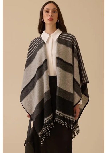 Kadın Çizgili Panço - Gri Gri