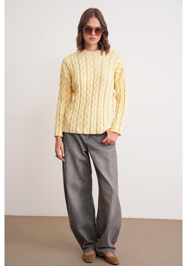 6973 Kadın Saç Örgülü Regular Basic Triko Kazak Pastel Sarısı Pastel Sarısı