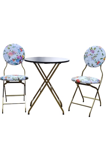 Katlanabilir Beyaz Gül Ve Kuş Gold Metal Masa Ve Sandalye Takımı