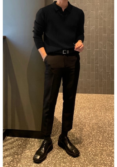 Cool Tarz Erkek Polo Yaka Triko Kazak Slim Fit Fitilli Siyah