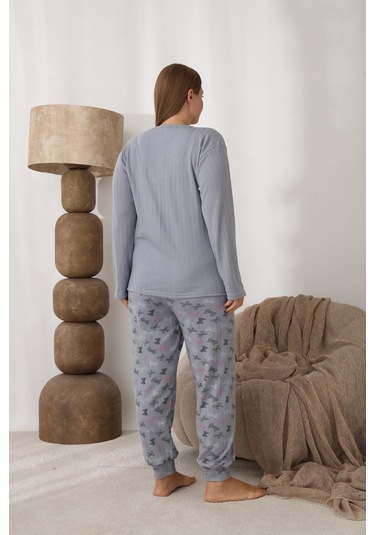 Lindros Kadın Pamuk'lu Düğme Yaka Raporlu İnterlok Kışlık Battal Pijama Takımı 0243 - 1 Adet Gri