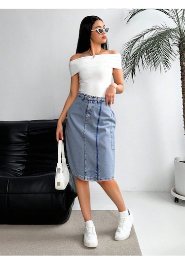 Shevega Kadın Taş Yikama Ön Fermuar Detayli Kot Etek Mavi