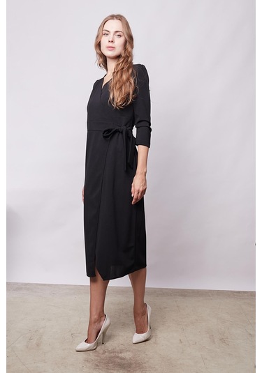 Kadın Likralı Krep Kumaş Kruvaze Capri Truvakar Kol Diz Altı Elbise-siyah Siyah