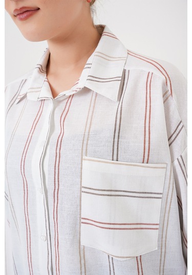 Kadın Çizgili Oversize Gömlek 20278 - B.beyaz Beyaz