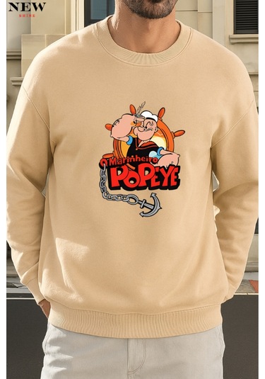 Popeye Baskılı Bisiklet Yaka Sweatshirt Taş Rengi