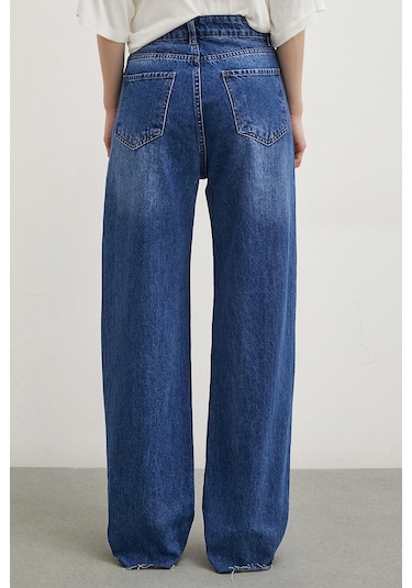 Yüksek Bel Dar Paça Mom Jean Mavi Mavi