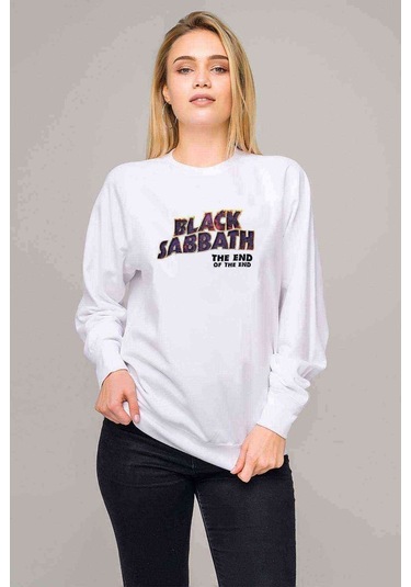 Black Sabbath Arc Reactor Logo Baskılı Beyaz Kadın Sweatshirt