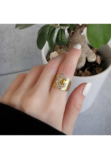 G Harfi Baget Taşlı Gold Kaplama Gümüş Yüzük