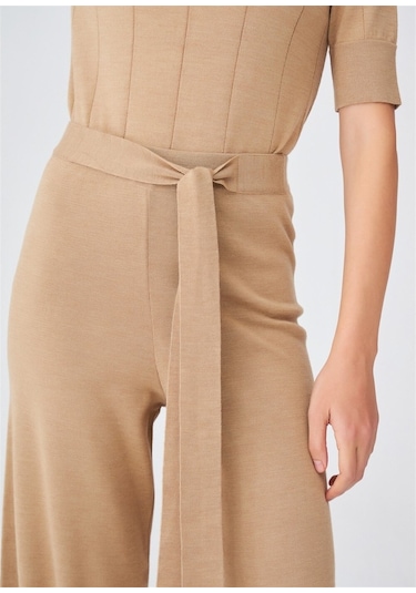 Peraluna Boru Paça Yüksek Bel Kadın Triko Pantolon Camel Melanj