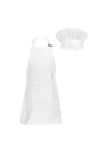 Beyaz Çocuk Mutfak Yemek Pişirme Ve Pişirme Giyim Önlük Ve Cepli Şef Şapka Seti Çocuk Aşçı Kostümü L