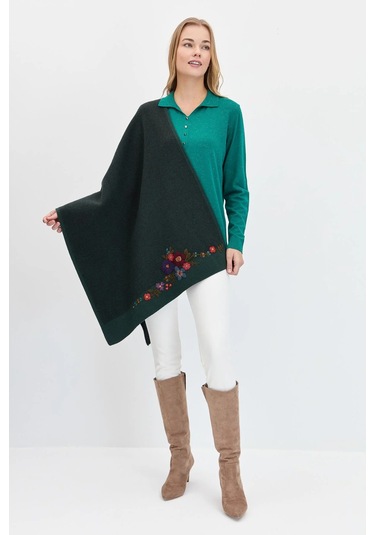 Desen Triko Kadın Çiçek İşlemeli Triko Şal 23154 Yeşil Yeşil