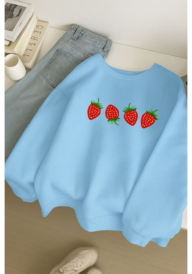 Benroma 3 İplik Penye Çilek Baskılı Unisex Sweatshırt Bebe Mavisi
