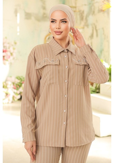 Taşlı Keten Tunik Pantolon İkili Takım 834 - Taş