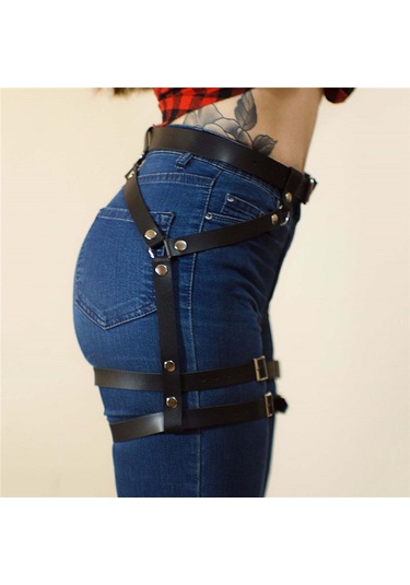 Dolıty Punk Pu Deri Koşum Jartiyer Kemer Ayarlanabilir Bel Bacak Siyah