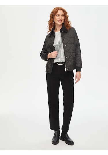 Kadife Yakalı Ribana Garnili Kapitone Mont 69438 U6943810 Siyah