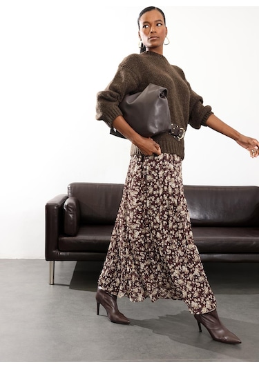 Kahverengi Kemer Detaylı Çiçekli Şifon Etek 0651 Kahverengi