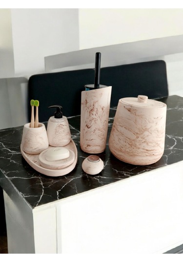 Mermer Desen Bej Beton Banyo Seti,tuvalet Wc,çöp Kovası,katı,sıvı Sabunluk,tepsi,dekorasyon,aksesu Bej