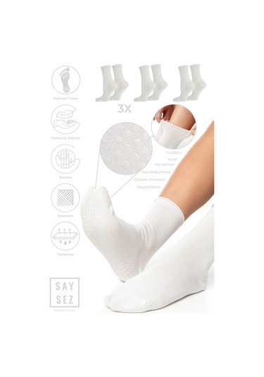 Bambu Kaydırmaz Taban Silikon Baskı Hac Umre Tavaf Hamile Diyabet Pilates Yoga Lastiksiz Çorap 3'lü Beyaz