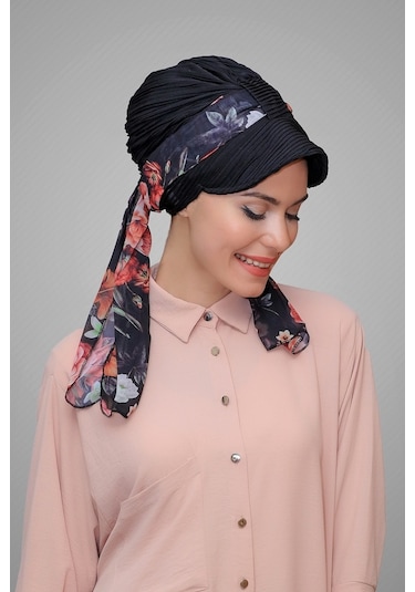 Siyah Şapkalı Tesettür Bone Kesik Elyaf Desenli Şifon Kemerli 190 Siyah