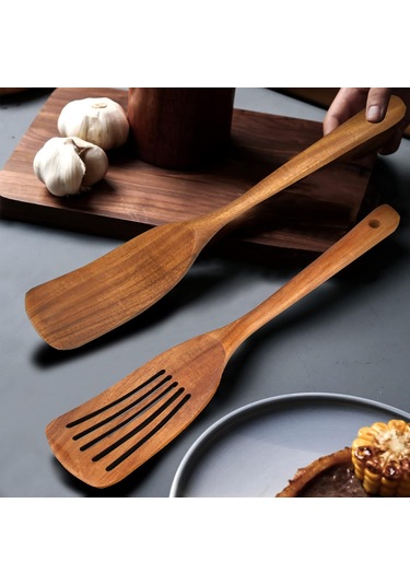 Springsun 2 Parça Akasya Ahşap Mutfak Spatula Seti: Kaymaz Tencere Uyumlu Düz Ve Delikli Spatula, Toksik Madde Free, Gönüllü Kullanim, Ergonomik Kollu