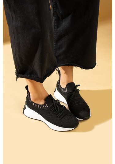 Shoetek Faina Kadın Sneakers Triko Dokumalı Bağcıklı Spor Ayakkabı Siyah Siyah