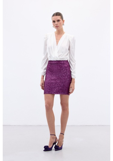 Sateen Payetli Mini Etek - Mürdüm-136651 Mürdüm