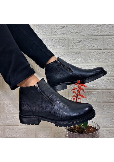 M.p 4204 Siyah Hakiki Deri Bağacaksız Fuspetli Sıcak Astar Erkek Bot 001